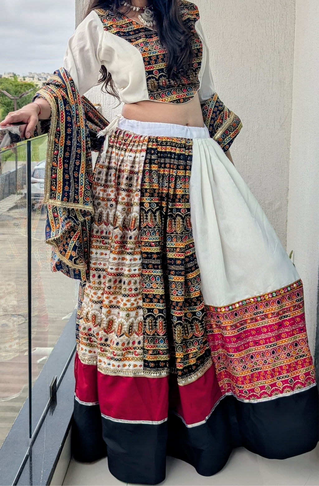 White Multicolor Chaniya Choli - Set of 3