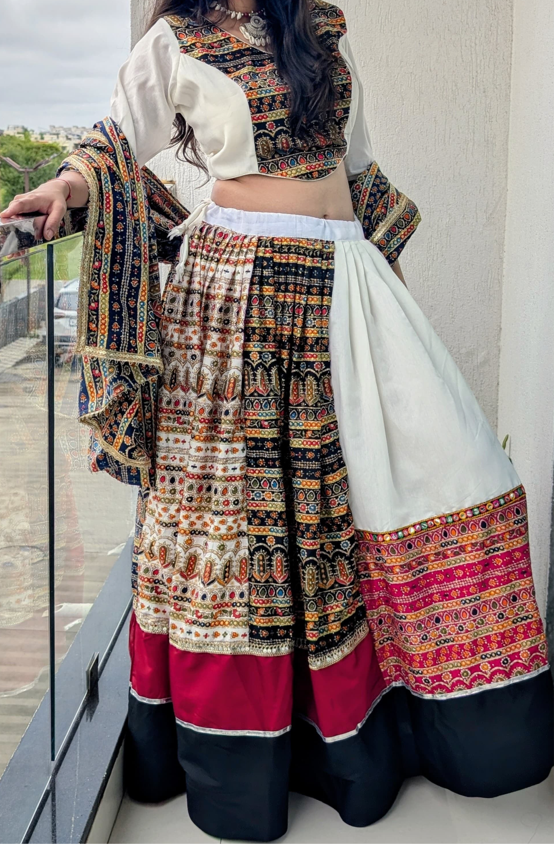 White Multicolor Chaniya Choli - Set of 3