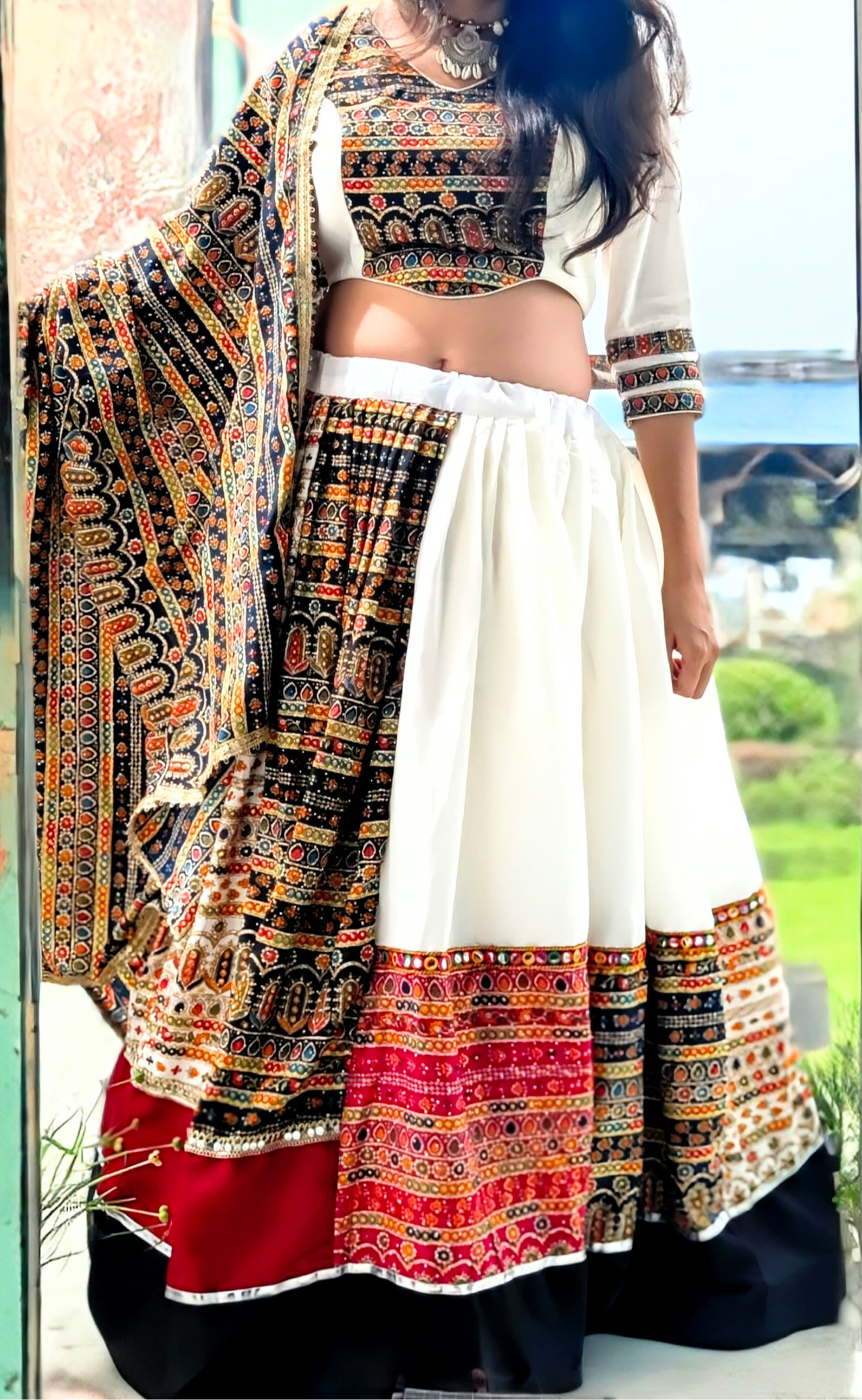 White Multicolor Chaniya Choli - Set of 3
