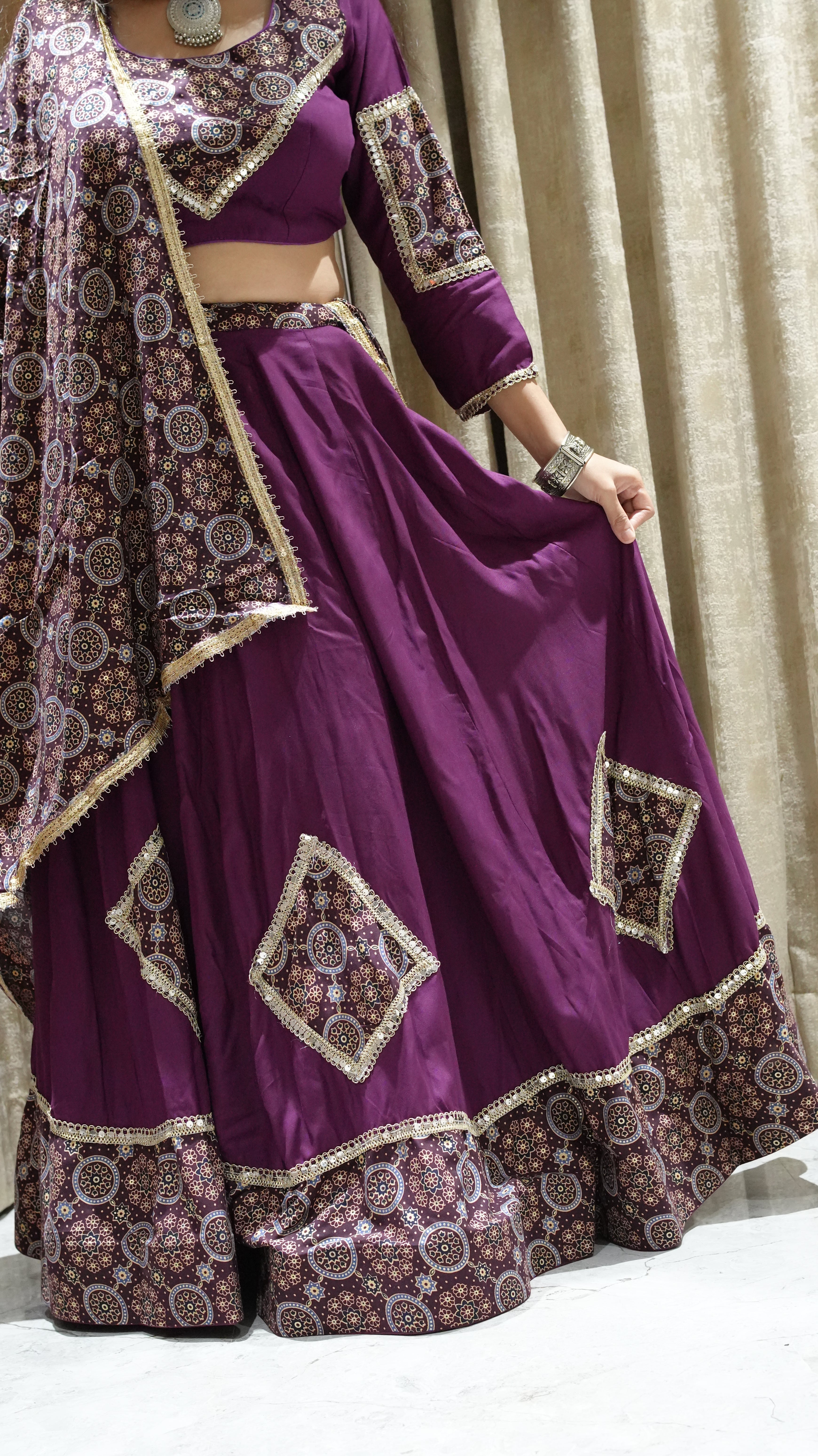 Vibrant Purple Ajarkh print Chaniya choli -set of 3