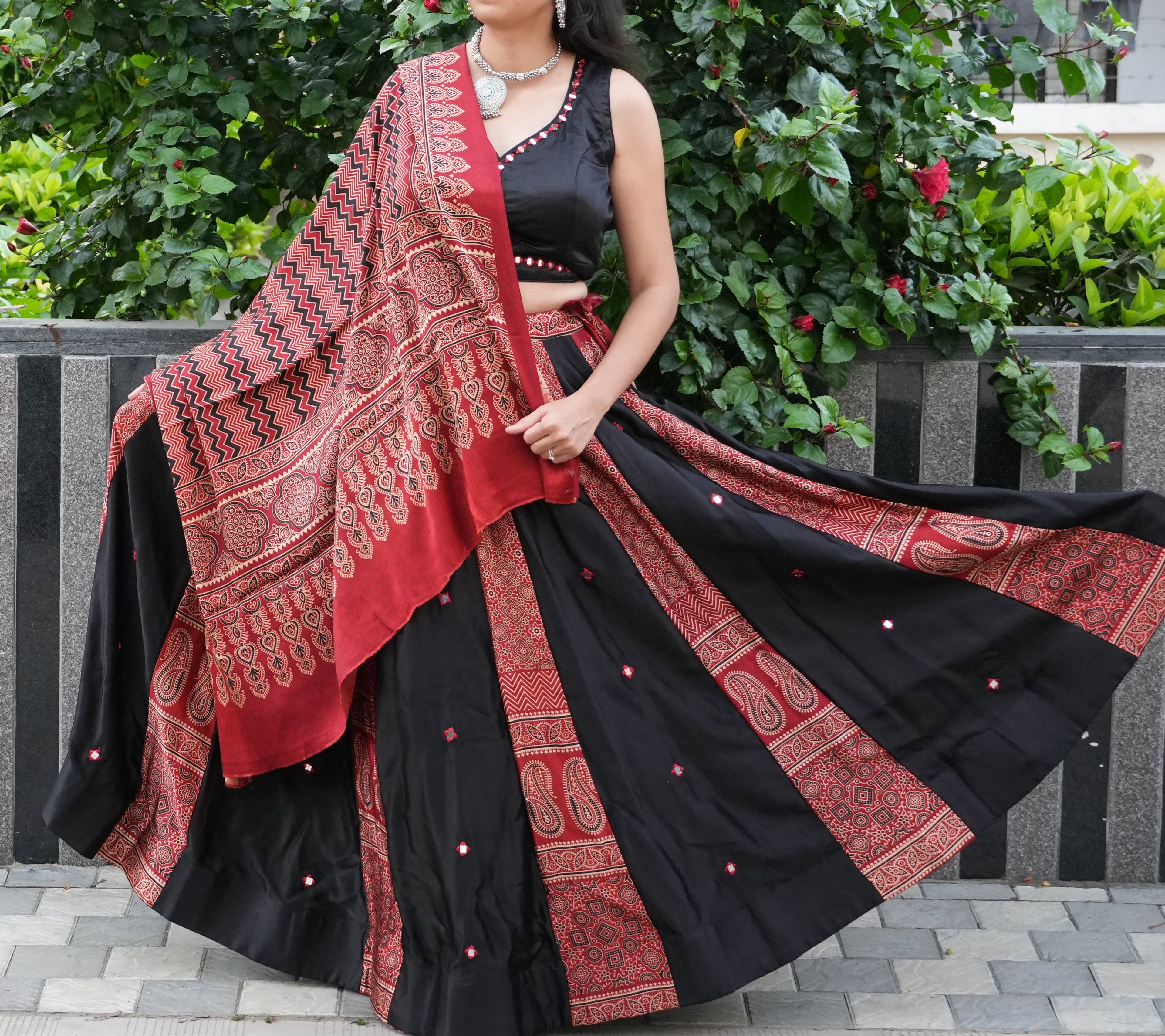 Ajrakh Mashroom Silk Chaniya Choli for All Occasions - Black