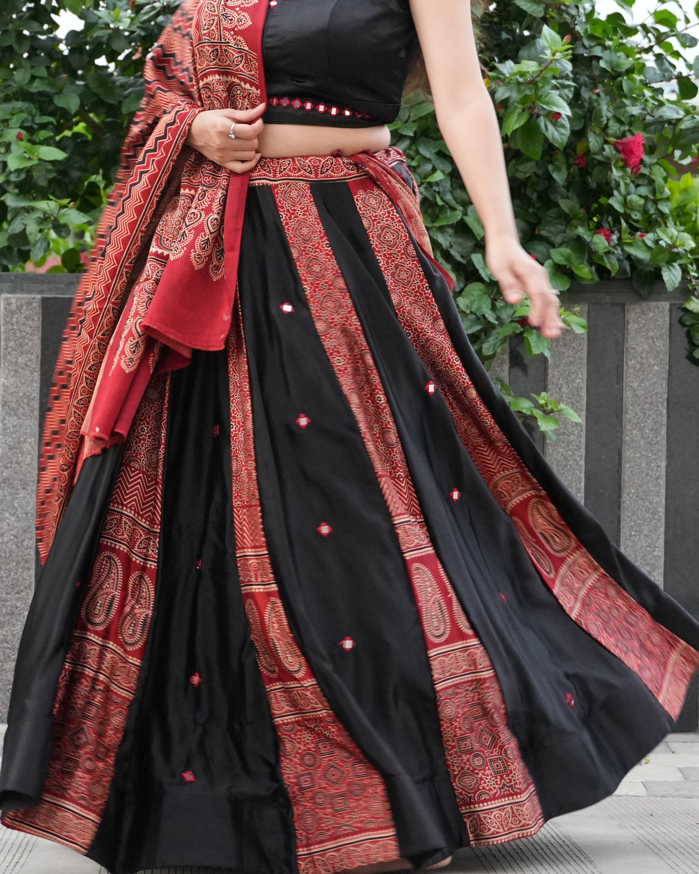 Ajrakh Mashroom Silk Chaniya Choli for All Occasions - Black