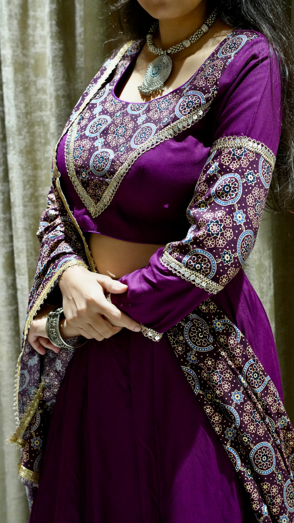Vibrant Purple Ajarkh print Chaniya choli -set of 3