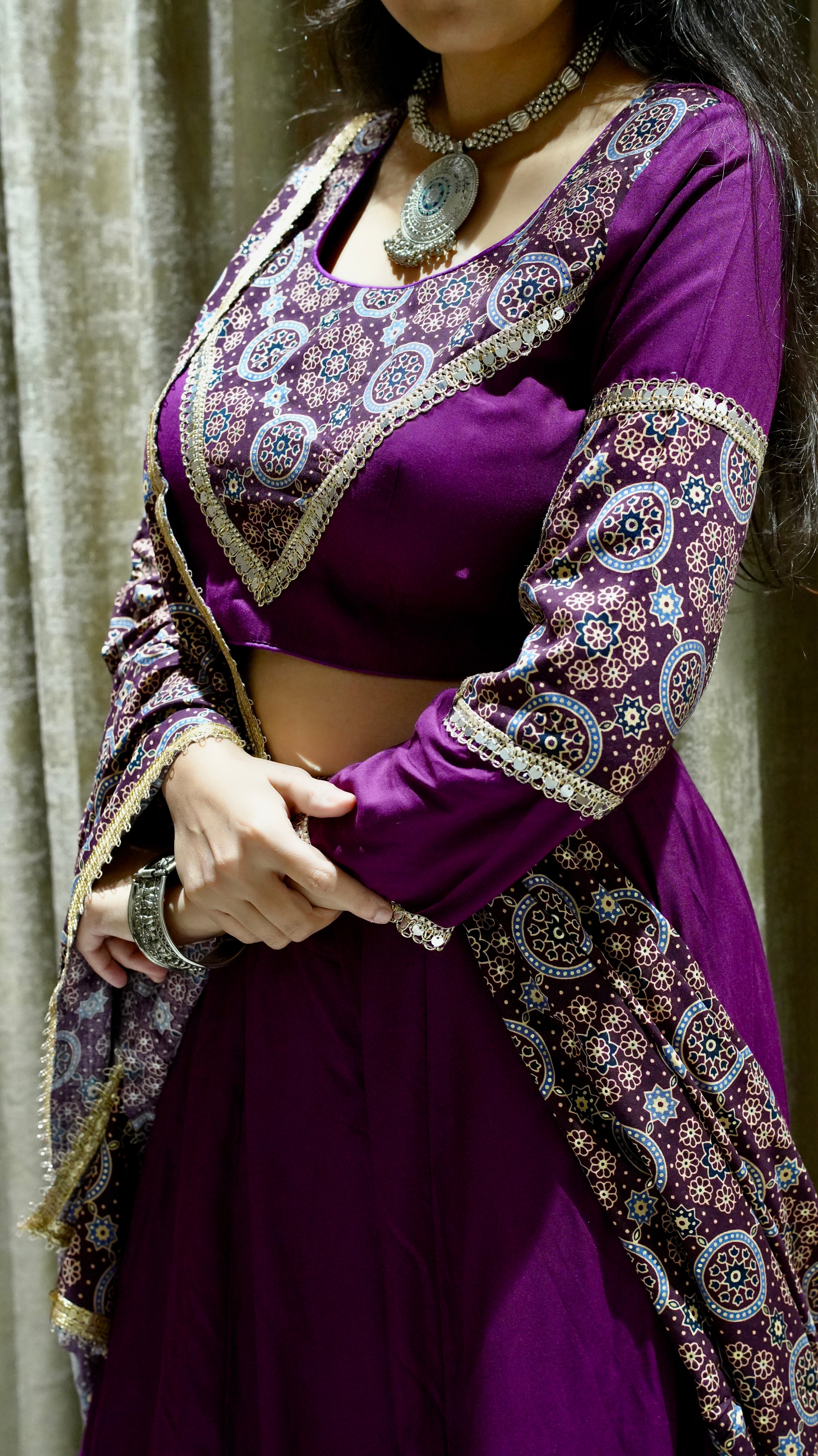 Vibrant Purple Ajarkh print Chaniya choli -set of 3