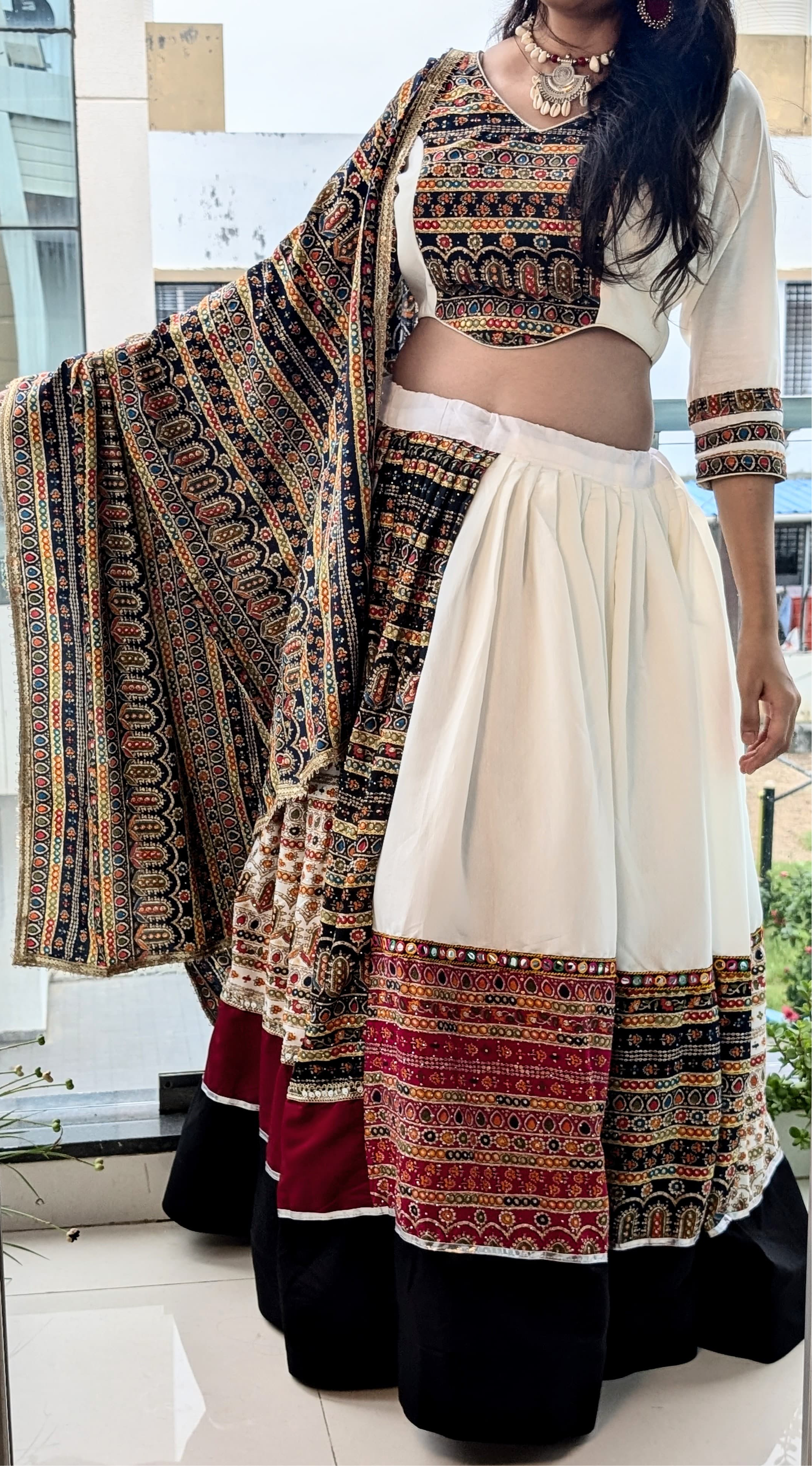 White Multicolor Chaniya Choli - Set of 3